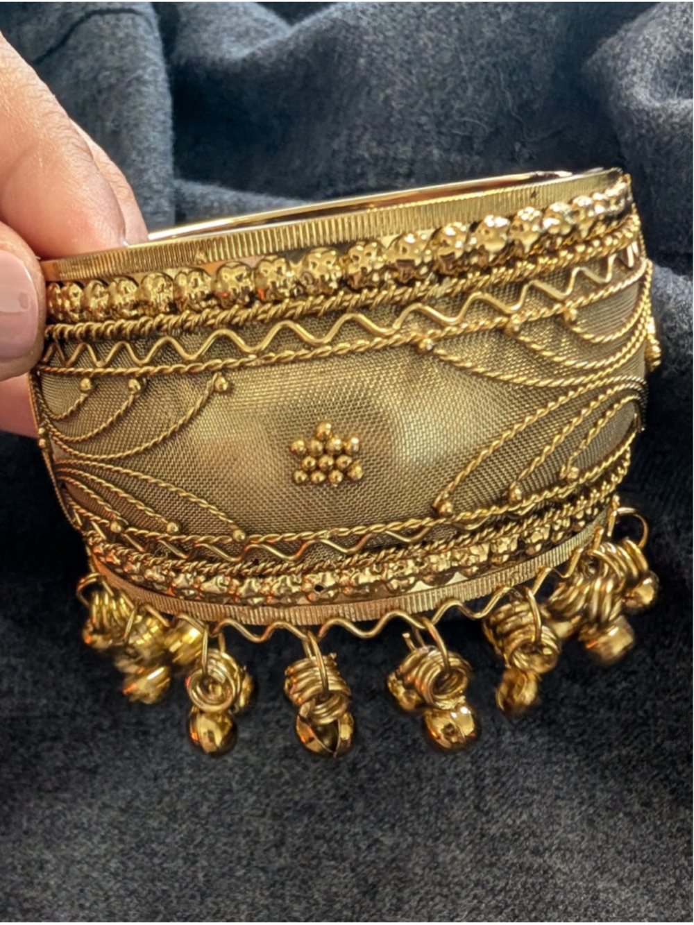 Vintage Indian Style Gold Tone Bell Cuff Bracelet Hinged Mesh Boho